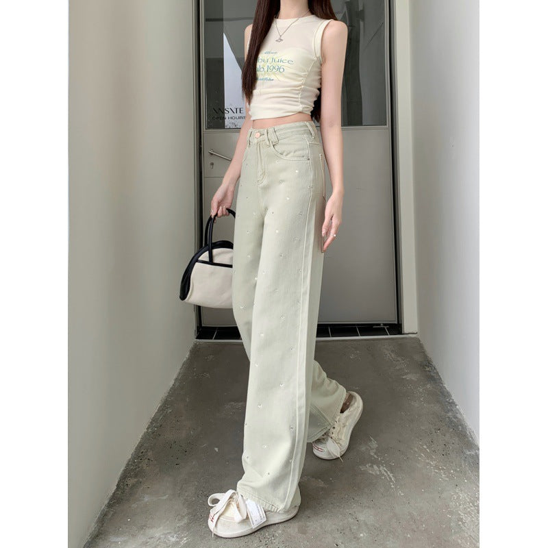 Real Shot Rhinestone Multi-Color Wide Leg Jeans for Women 2024 Spring and Summer New High Waist Straight Loose Draggle-Tail Trousers Tide