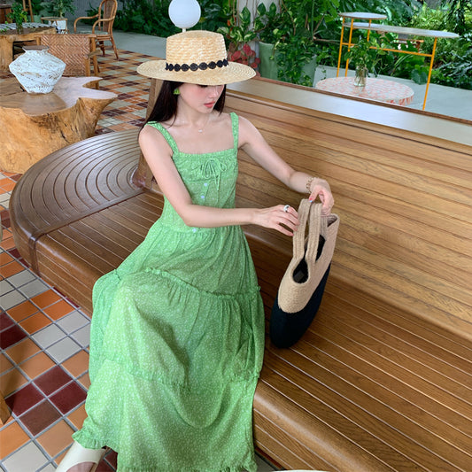 2025 White green floral suspender dress women's summer design sense temperament waist slim holiday style long skirt