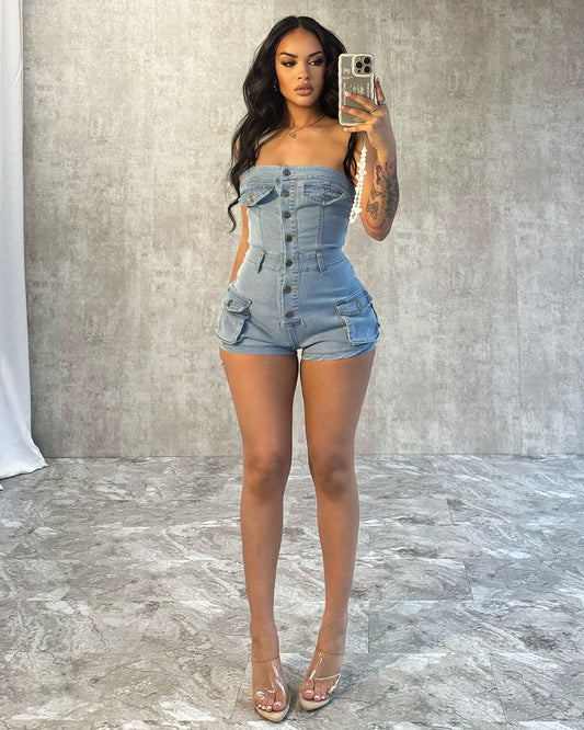 Antmvs -  PopularGirl 2024 Summer New Denim Jumpsuit F88554 Tube Top Stretch One-Piece Shorts