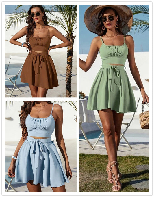 Antmvs -   Two-Piece Set Women's Ruched Shirred Crop Cami Top & Belted A-Line Skirt Set, Solid Spaghetti Strap Top & High Waist Flared Skirt Set For Summer, Fashion Chic Women's Two-Piece Outfits For Beach Vacation Holiday Party, Summer Clothes Women