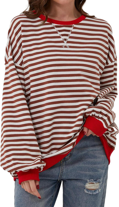 Antmvs -  Fisoew Womens Striped Oversized Sweatshirt Color Block Crew Neck Long Sleeve Shirt Casual Loose Pullover Top Y2K Clothes