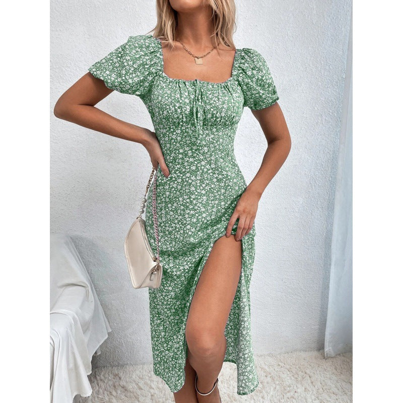 Antmvs -  Women's Ditsy Floral Print Puff Sleeve Split Thigh Dress, Boho Short Sleeve Tie Front Square Neck A Line Midi Dress for Beach Holiday Vacation, Ladies Summer Clothes