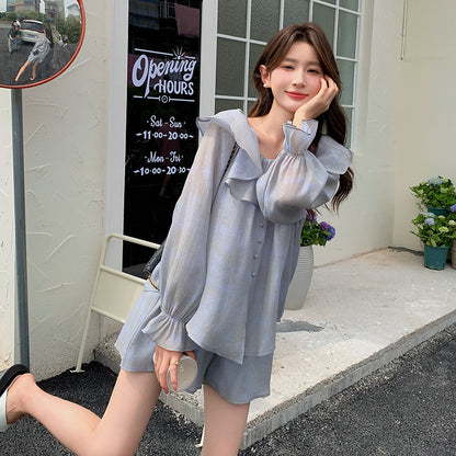 ANTMVS Off-the-Shoulder Two-Piece Collar Ruffled Long Sleeve Shirt Wide Leg Shorts Two-Piece Set Fairy Temperamental Sun-Proof Set Women