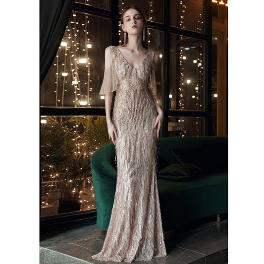 2025 Annual meeting host dress  new spring champagne style temperament fishtail skirt elegant banquet evening dress