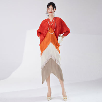 2025 hot-selling dress spring and summer women's design sense contrasting colors tassel irregular loose large-size temperament skirt Popularan goods