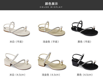 ANTMVS Rhinestone Pearl Flip-Toe Flat Sandals Summer Korean Style Temperament Leisure Fairy Shoes Back Open Shoes