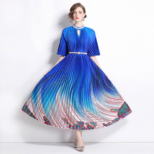 Fashion light luxury pleated short-sleeved beaded stand-up collar waist thin a word gradual change color printing big pendulum dress