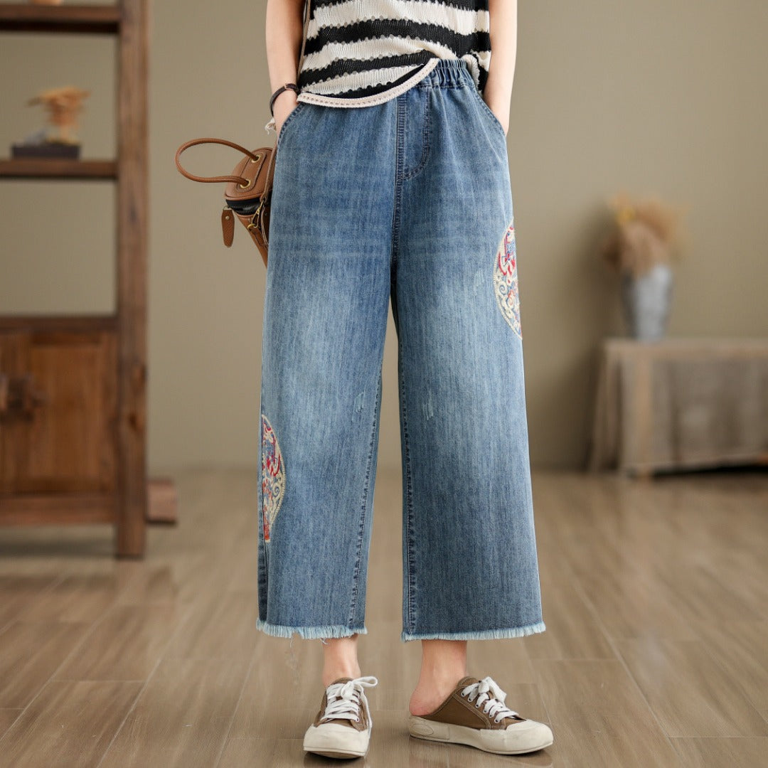 Jeans for Women 2024 Summer New Embroidered Crocheted Brushed High Waist Elastic Wide Leg Trousers All-Matching Trousers for Women