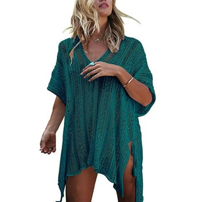 Antmvs -  Women's Hollow Out Asymmetrical Split Hem Crochet Cover Up, Boho V Neck Batwing Sleeve Lace Up Fringe Decor Cover Up, Summer Clothes for Beach Vacation