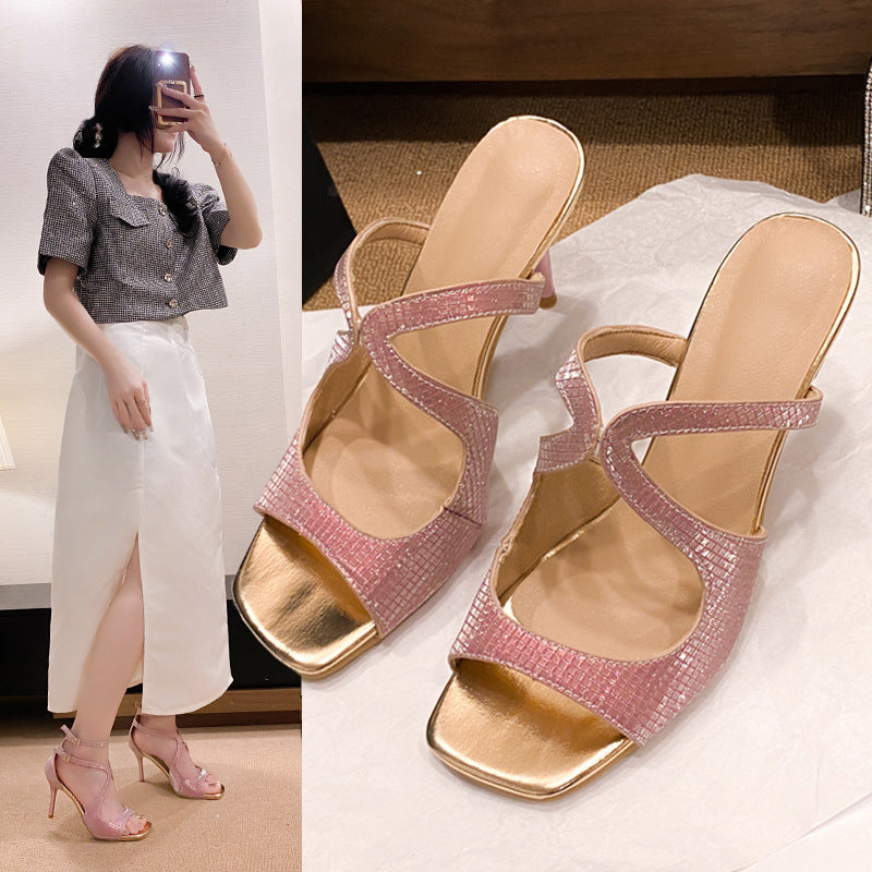 ANTMVS  Cross-Border Foreign Trade Summer New Square Toe Peep Toe Sandals Cross Strap Stiletto Heel plus Size Hollow-out Slippers