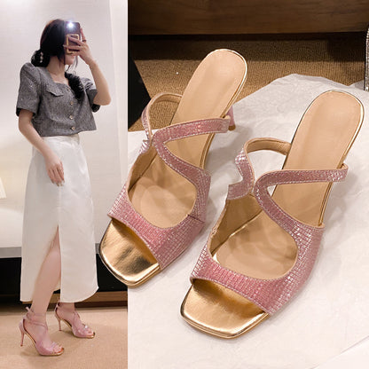 ANTMVS  Cross-Border Foreign Trade Summer New Square Toe Peep Toe Sandals Cross Strap Stiletto Heel plus Size Hollow-out Slippers