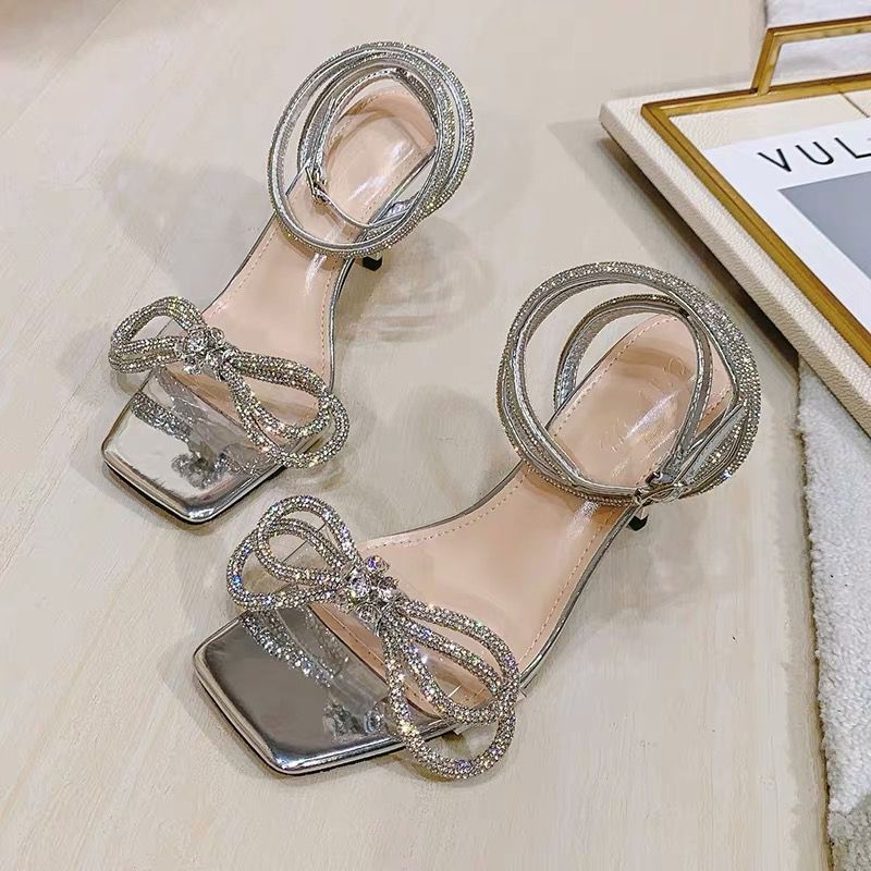 ANTMVS  Summer New Square Toe Hollowed Sandals Bow Rhinestone Women's Strap Shoes Factory Wholesale High Heels