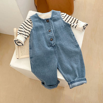 ANTMVS Spring Infant 0-3 Years Old Baby Girl Striped Top Denim Vest Long Climbing 2 Pieces Suit Can Be Sorted