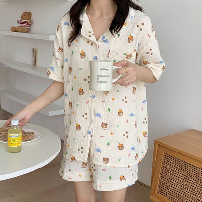 Antmvs -  Women's All Over Print Elastic Waist Pyjama Set, Button Front Top & Bow Decor Shorts, Summer Sleepwear, Pajama Sets Women, Nightwear Set for Women