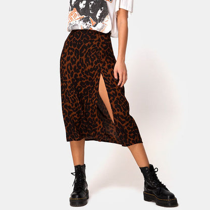 Antmvs -  Flower Leopard Print High Waist Elastic Split Long A-line Skirt for Women 11 Colors 4 Sizes