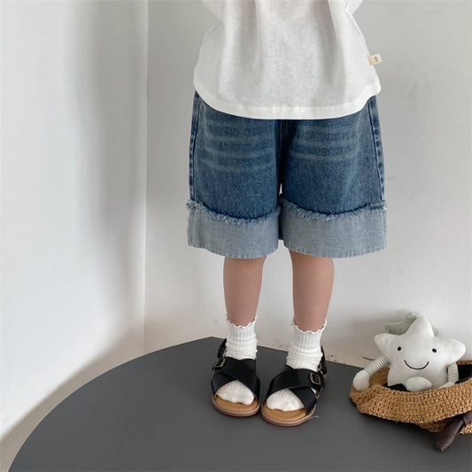 ANTMVS GL-kids Korean Style Summer New Children's Retro Do the Old Cowboy Shorts Baby Boy and Baby Girl Raw Edge Denim 5-Point Pants