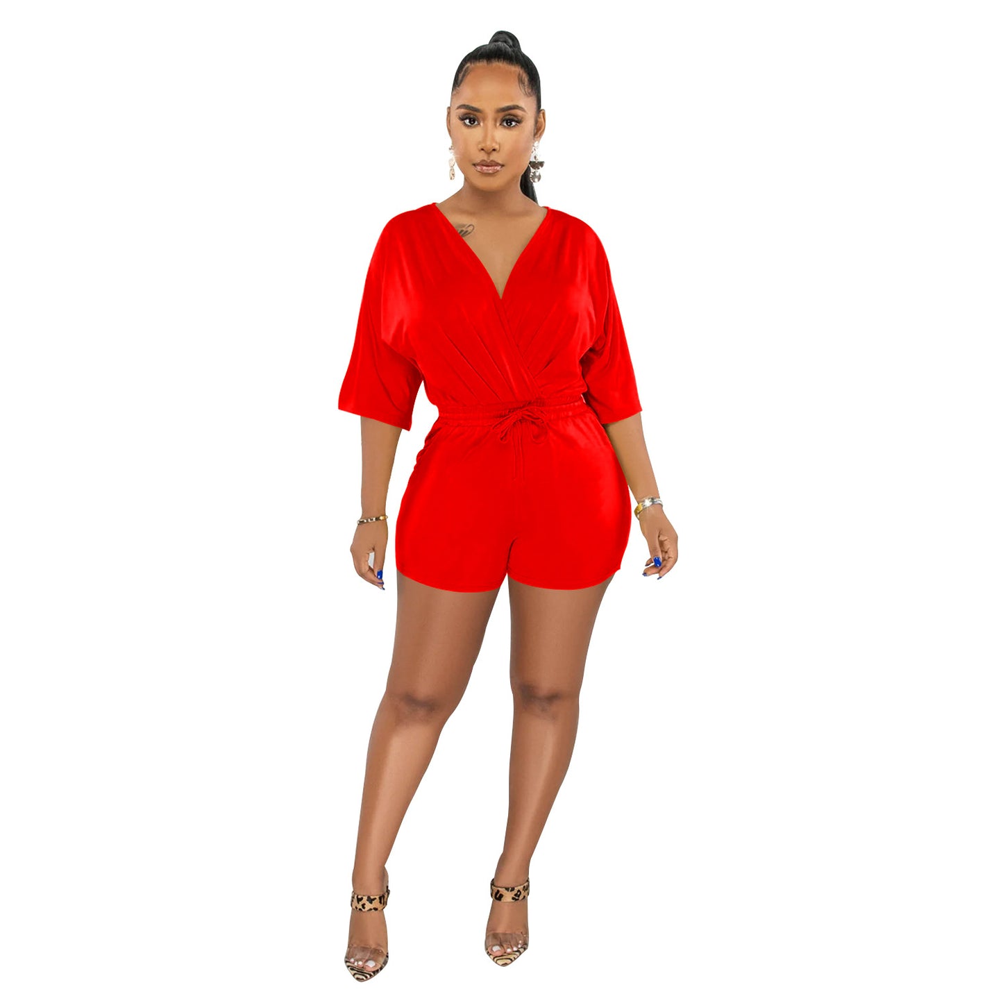 ANTMVSC6308   2025 fashion women's clothing solid color lace-up V-neck medium-sleeved shorts jumpsuit women