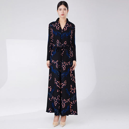 2025 Hot trade abaya Dubai women's long dress robe retro printing large size lace-up high-end sense mansion cardigan jacket autumn