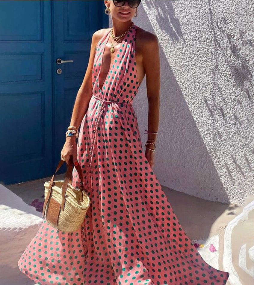 2024 European and American Spring and Summer New Halter Casual Polka Dot Print Loose Vacation Women's Large Swing Dress