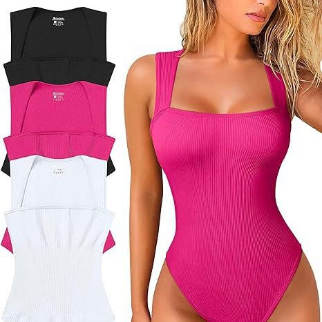 Antmvs -  Women's 3 Piece Basic Bodysuits Sexy Ribbed Strappy Square Neck Sleeveless Bodysuits