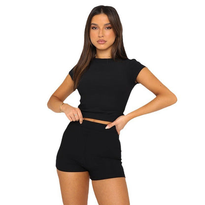 Antmvs -  Women's Solid Round Neck Crop Tee & High Waist Shorts Set, Casual Cap Sleeve T-shirt & Skinny Shorts, Ladies Summer Clothes