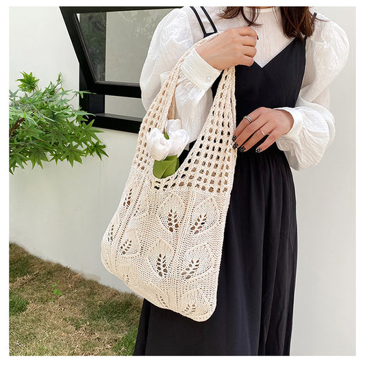 ANRMVS Women's Bag Korean Same Style Chic Retro Hollow New Portable Shoulder Bag Knitted Bag Woolen Yarn Bag Cross-Border Big Bag