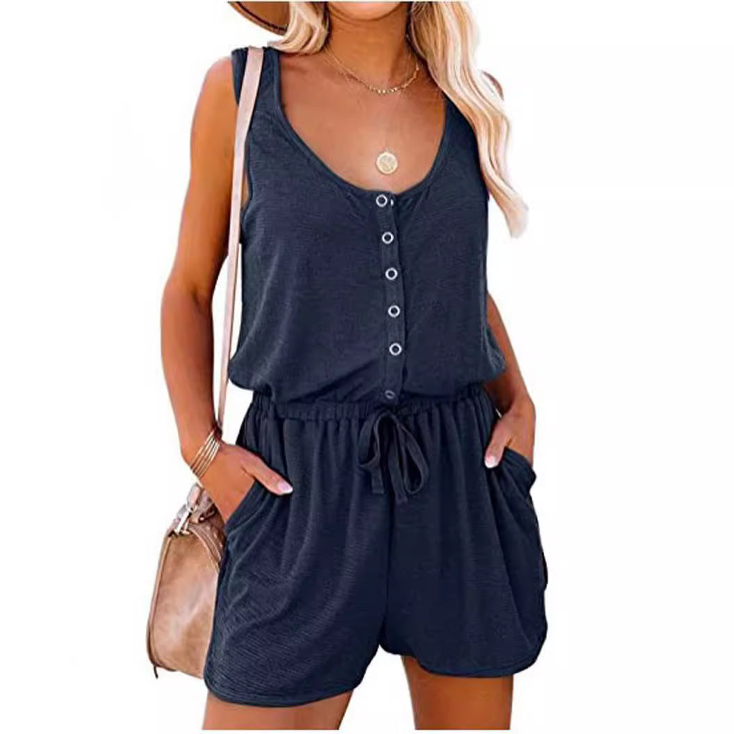 Antmvs -  Fisoew Women's Summer Scoop Neck Sleeveless Button Down Tank Top Rompers Elastic Waist Shorts Outfits with Pockets