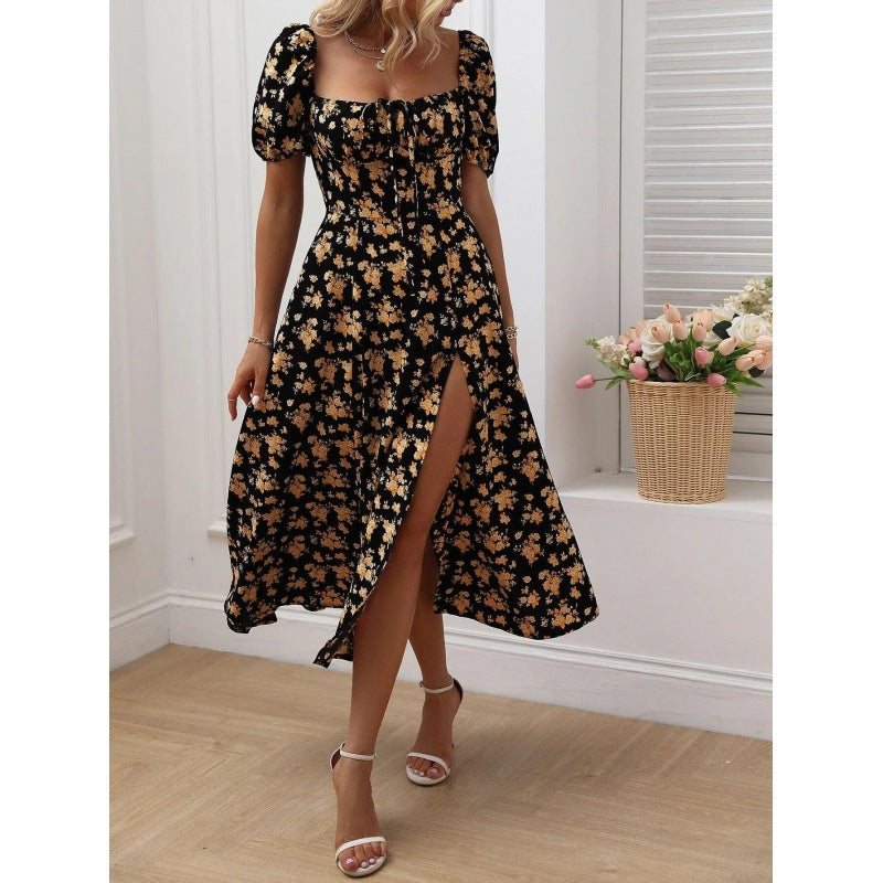 Antmvs -  Women's Ditsy Floral Print Puff Sleeve Split Thigh Dress, Boho Short Sleeve Tie Front Square Neck A Line Midi Dress for Beach Holiday Vacation, Ladies Summer Clothes