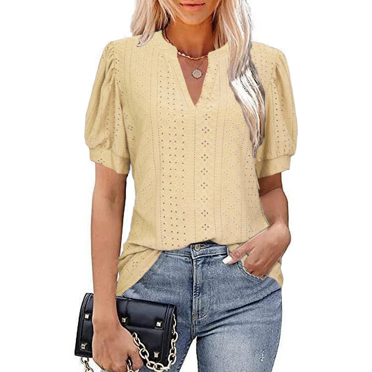 ANTMVS  Cross Border Foreign Trade   Spring and Summer Casual V-neck Solid Color Hollow Puff Sleeve Loose T-shirt