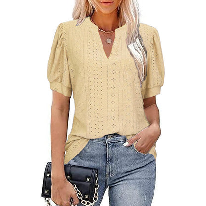 ANTMVS  Cross Border Foreign Trade   Spring and Summer Casual V-neck Solid Color Hollow Puff Sleeve Loose T-shirt