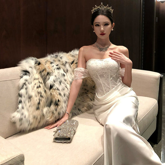 2025 haute sexy one-word shoulder tube top dress femininity birthday party evening dress hip wrap long skirt