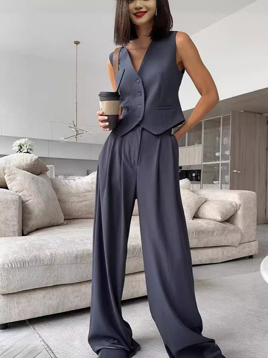 Antmvs -  Women's Button Front V Neck Vest & Elastic Waist Pants Set, Casual Sleeveless Top & Wide Leg Trousers for Summer, Ladies Clothes for Daily Wear, Women Clothing, 2 Piece Set Women