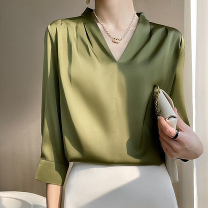 ANTMVS High-Grade  Silk Satin Shirt Women's Summer V-neck Fashionable Elegant Top Business Wear Mulberry Silk Shirt