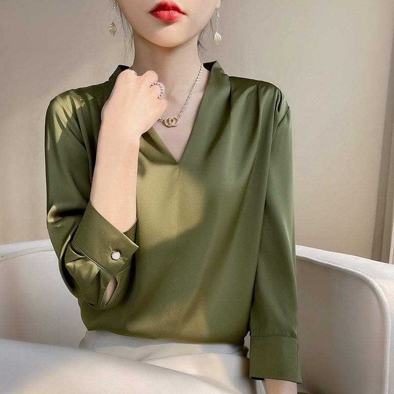 ANTMVS High-Grade  Silk Satin Shirt Women's Summer V-neck Fashionable Elegant Top Business Wear Mulberry Silk Shirt