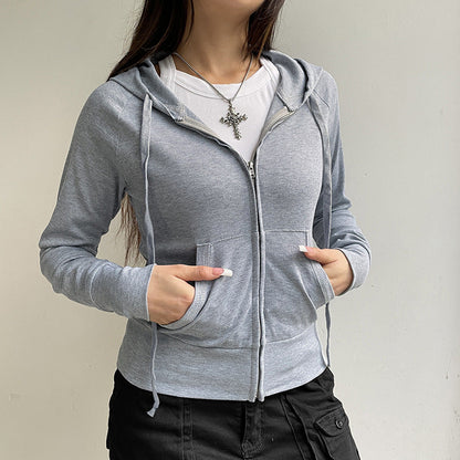 Antmvs -  Women's Plain Pocket Drawstring Zip Up Hoodie, Casual Long Sleeve Hooded Sweatshirt for Summer, Women's Clothing for Daily Wear