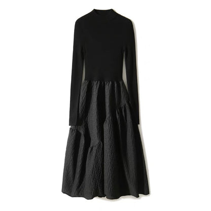 2025 Elegant little black dress semi-turtleneck knitted splicing tutu dress dress  spring dress with coat long skirt