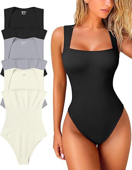 Antmvs -  Women's 3 Piece Basic Bodysuits Sexy Ribbed Strappy Square Neck Sleeveless Bodysuits