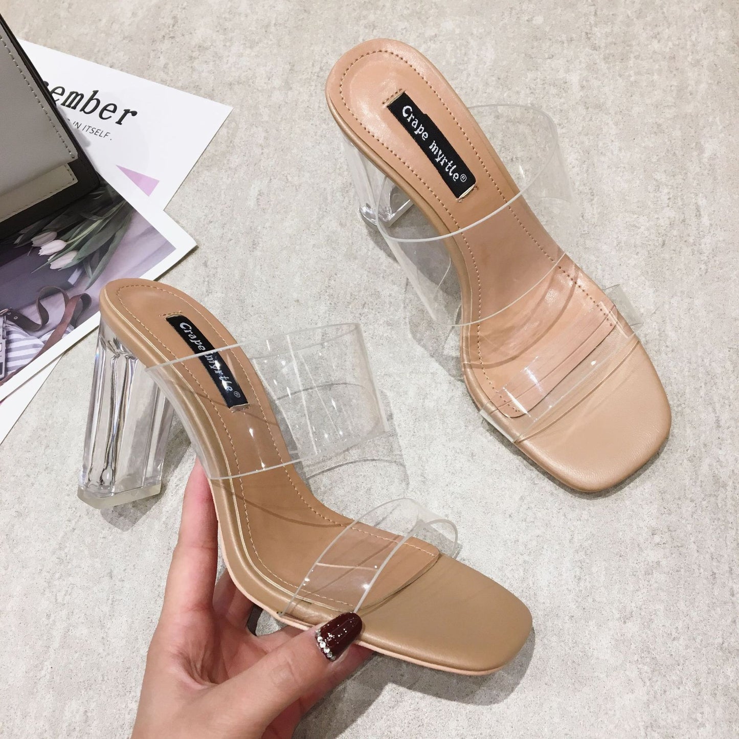 ANTMVS  Women's Outdoor Shoes Square Toe Crystal Thick Heel Sandals with One Strap Summer Fairy Style High Heel Sandals