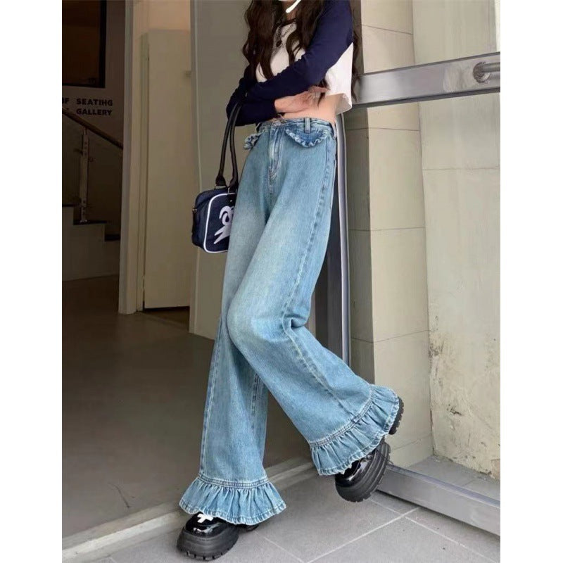 In Stock New Hong Kong Style Loose Slimming Slightly Flared Spring and Autumn Jeans Korean Style High Waist Mop Trousers Women Ruffles