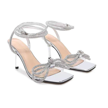 ANTMVS  Summer New Square Toe Hollowed Sandals Bow Rhinestone Women's Strap Shoes Factory Wholesale High Heels