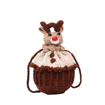 ANTMVS 2025 Handmade cupcake change bag, Japanese and Korean casual oblique span bag, wool crochet knitting, deer Christmas tree knitting bag