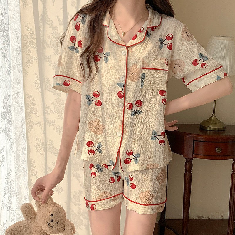 Antmvs -  Women's All Over Print Elastic Waist Pyjama Set, Button Front Top & Bow Decor Shorts, Summer Sleepwear, Pajama Sets Women, Nightwear Set for Women