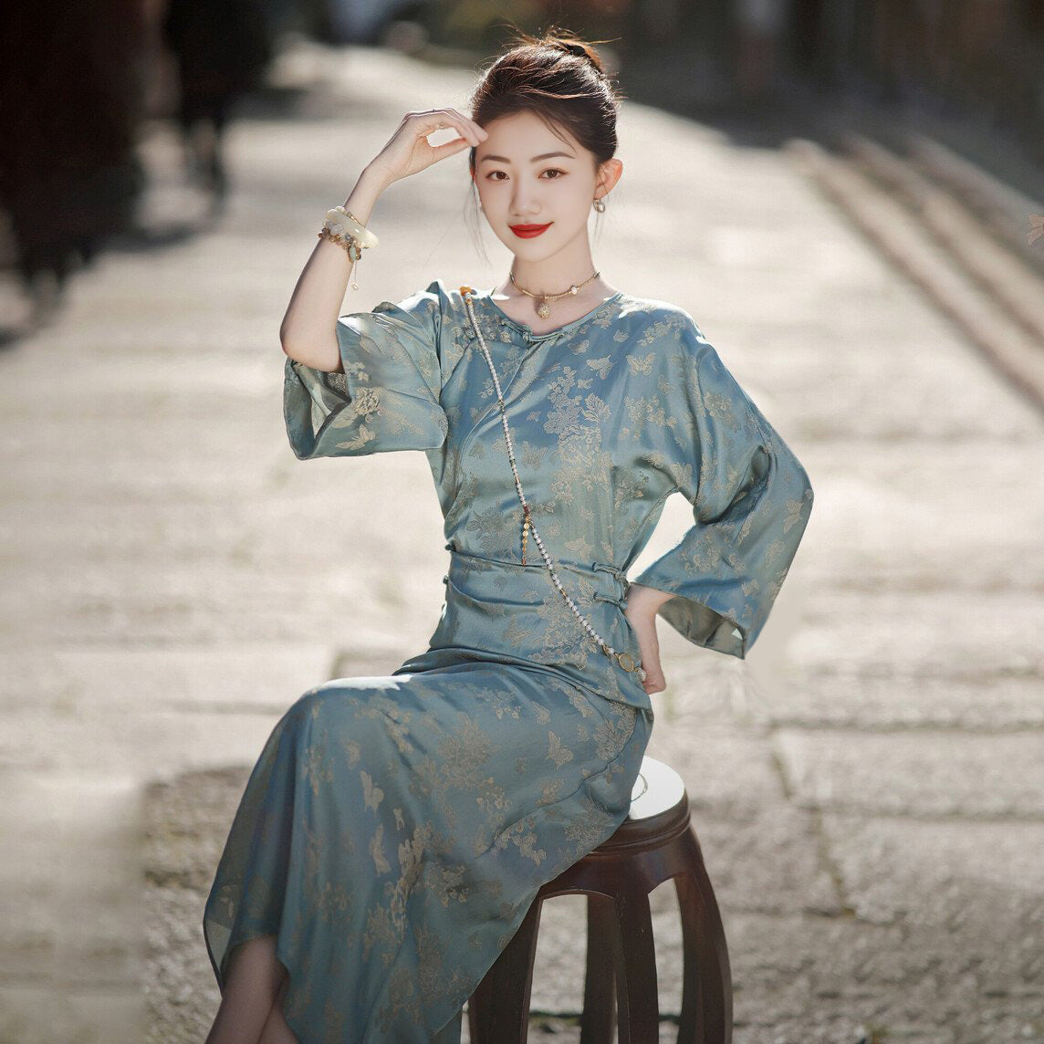 New Chinese Style Rayon Jacquard Dress Improved Cheongsam Adjustable Waist Blue Skirt B0336-2