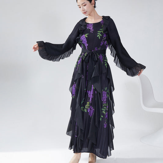 2025 Hot trade Sanzhai autumn dress high-end long-sleeved retro printing loose large size lace-up temperament elegant long dress