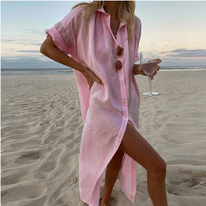 ANTMVS  European and American  Cross-Border Women's Clothing Summer New Solid Color Casual Long Cotton Cardigan Shirt Dress