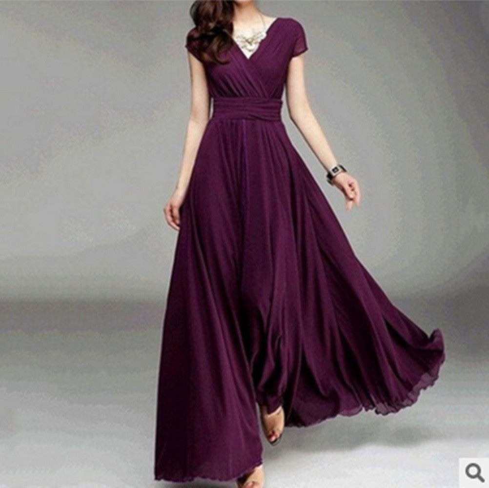 ANTMVS  EBay    Cross Border V-neck Short Sleeve Bohemian Chiffon Waist Dress Evening Dress