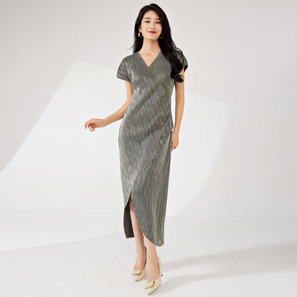 2025 dress spring and autumn women's high-end sense spring and summer new metal texture irregular split tie dress long dress