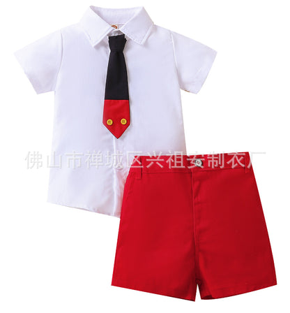 ANTMVS Children's Clothing  Summer New Children's Preppy Style Short-Sleeved Shirt Gentleman Tie Shorts Set