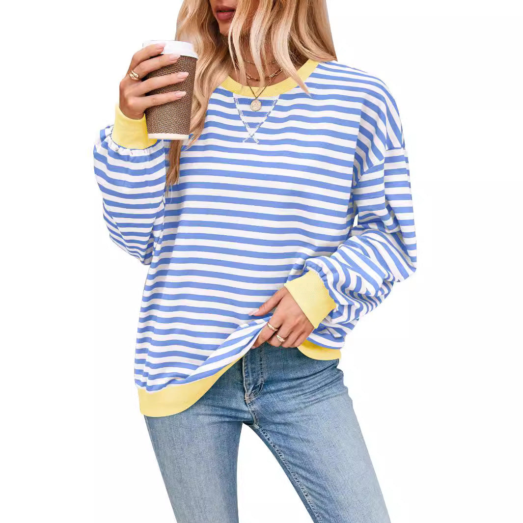 Antmvs -  Fisoew Womens Striped Oversized Sweatshirt Color Block Crew Neck Long Sleeve Shirt Casual Loose Pullover Top Y2K Clothes