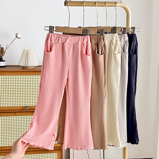 ANTMVS Girls Flared Pants Versatile Children's Summer Casual Pants Thin Ice Silk Trousers Princess Style Wooden Ear Wide-Leg Pants